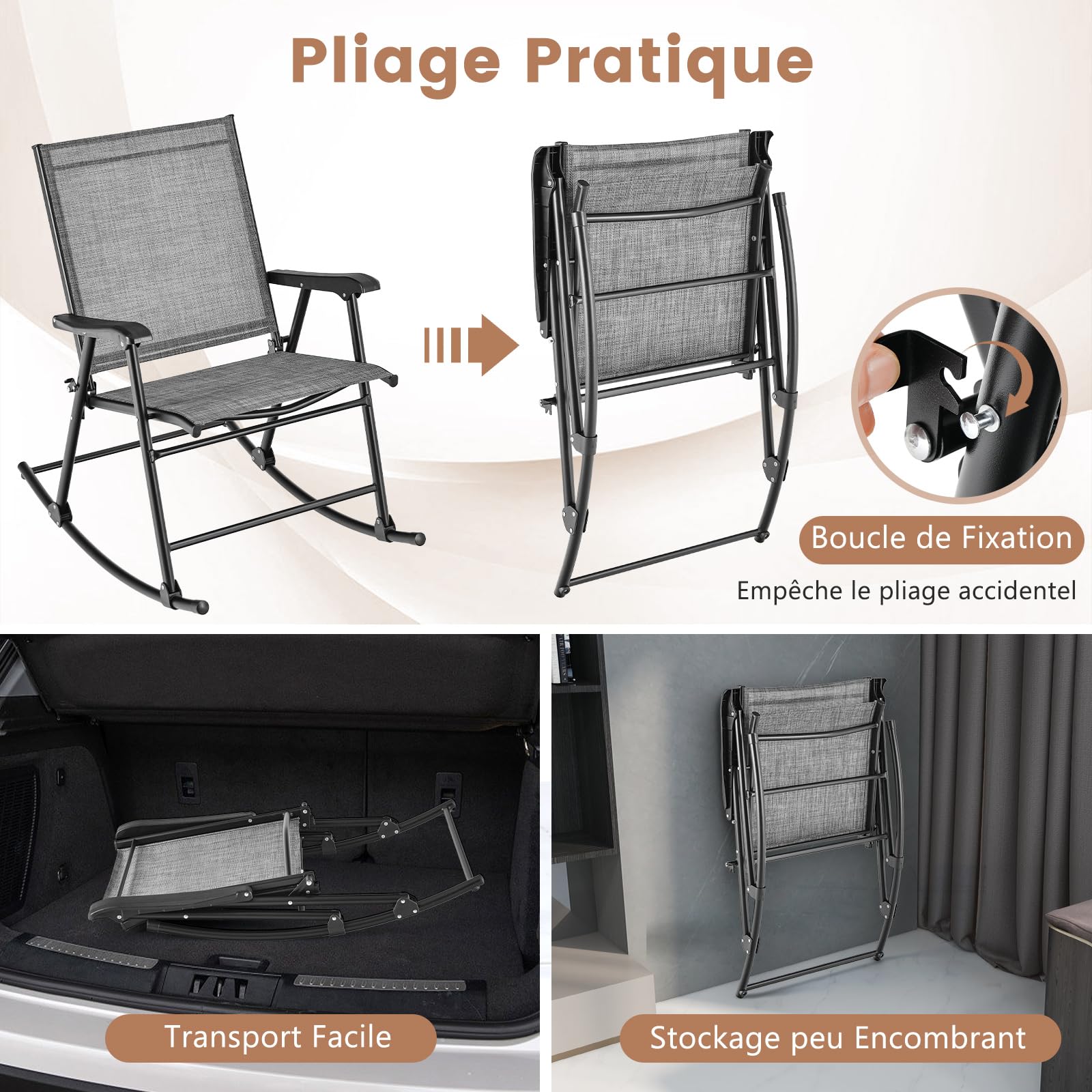 COSTWAY Lot de 2 Chaises de Jardin à Bascule Pliantes avec Siège en Tissu Respirant et Cadre en Métal, Chaises Berçantes d'Extérieur à Dossier Haut, pour Porche, Piscine, Charge 150KG(Gris)