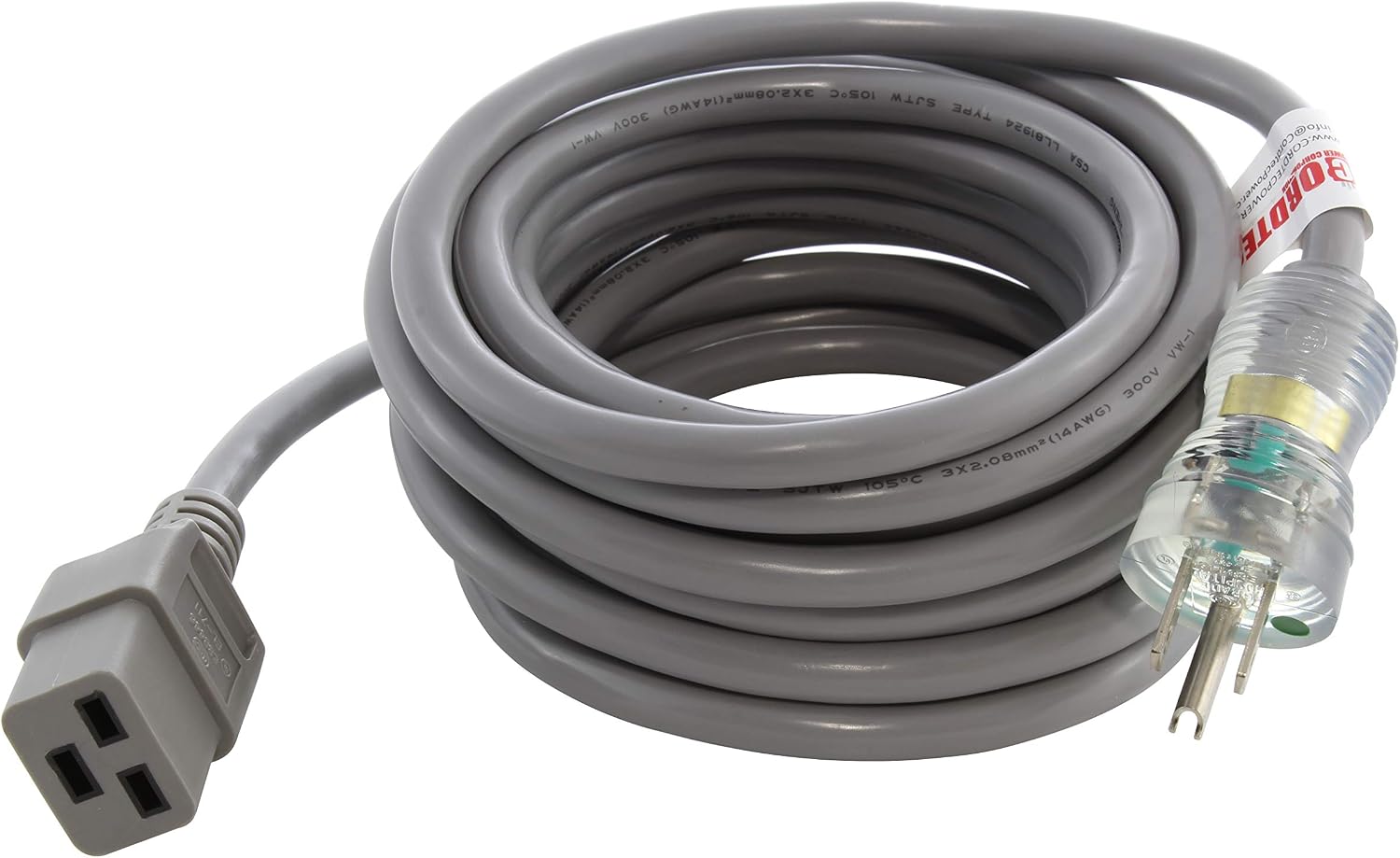 AC WORKS 15Amp 125Volt Medical/Hospital Garde Power Cord with IEC C19 (15FT- Locking C19)