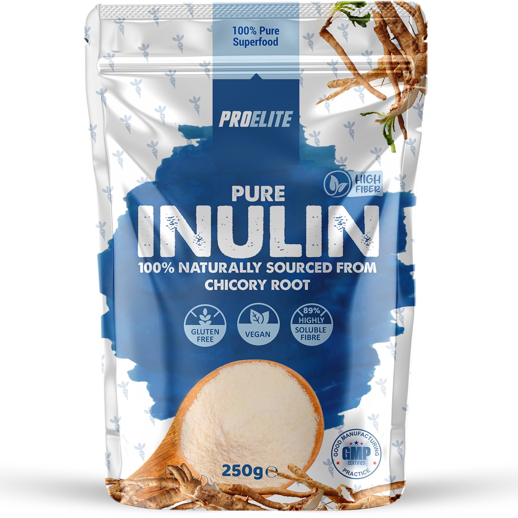 Proelite Pure Inulin Powder Prebiotic Soluble Fibre - Vegan, Gmo Free, Gluten Free Made In Eu From Natural Chicory Root Fructo Oligosaccharide Foc (250G)