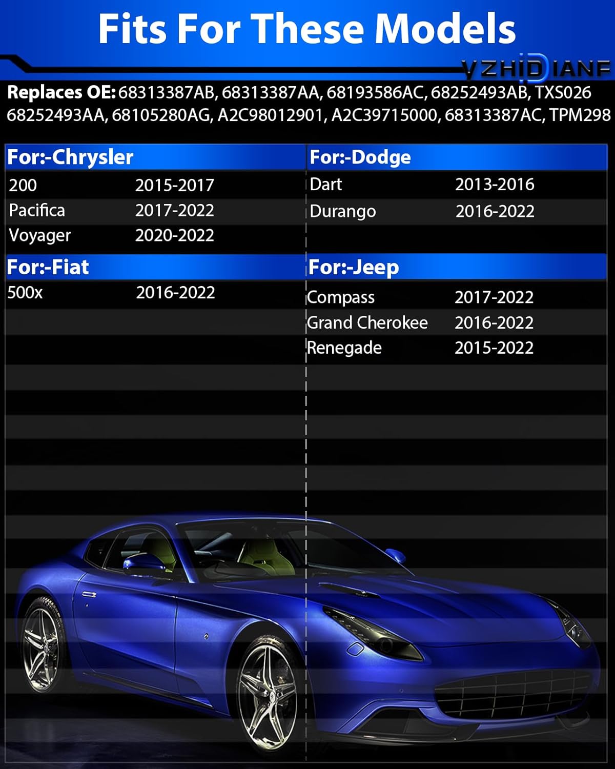 68313387AB Pre-Programed Tire Pressure Sensor for:-Jeep Grand Cherokee 2016-2022 Compass 2017-2022 Renegade for:-Chrysler 200 Pacifica Voyager for:-Dodge Durango Dart, 433MHz TPMS (4)