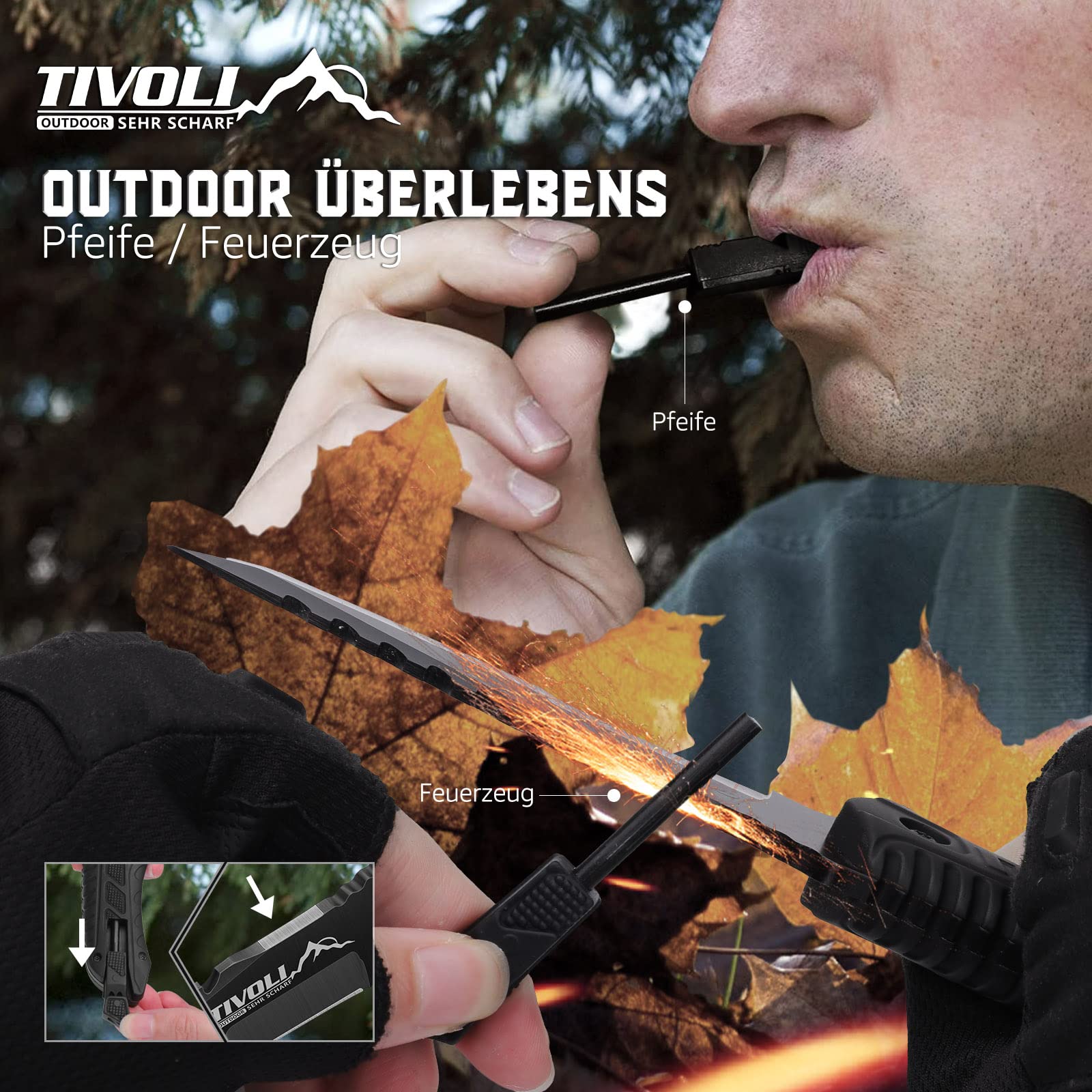 TIVOLI Coltello da Caccia con Fodera Kydex, Coltello di Sopravvivenza e Bushcraft in Acciaio Inossidabile, Lunghezza Lama 9,5 cm, per Attività Outdoor, Campeggio e Sopravvivenza