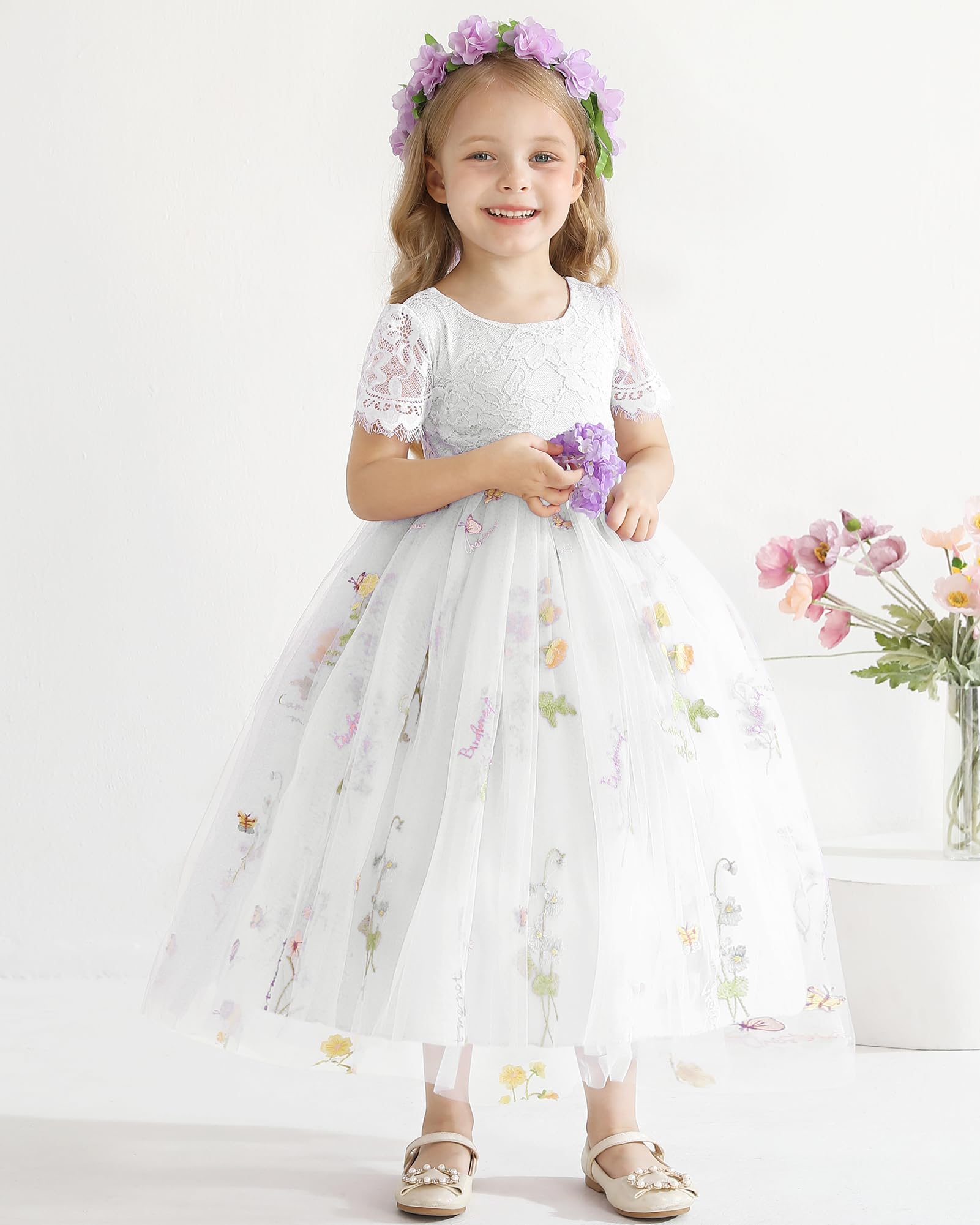 BlumenmäDchenkleider Spitze Hinten Kleid Und Blumenstickerei Geburtstag Tutu-TüLl-Kleider Festliches Kleid MäDchen Abendkleid Cocktailkleid Festzug Ballkleid 2-8 Jahr