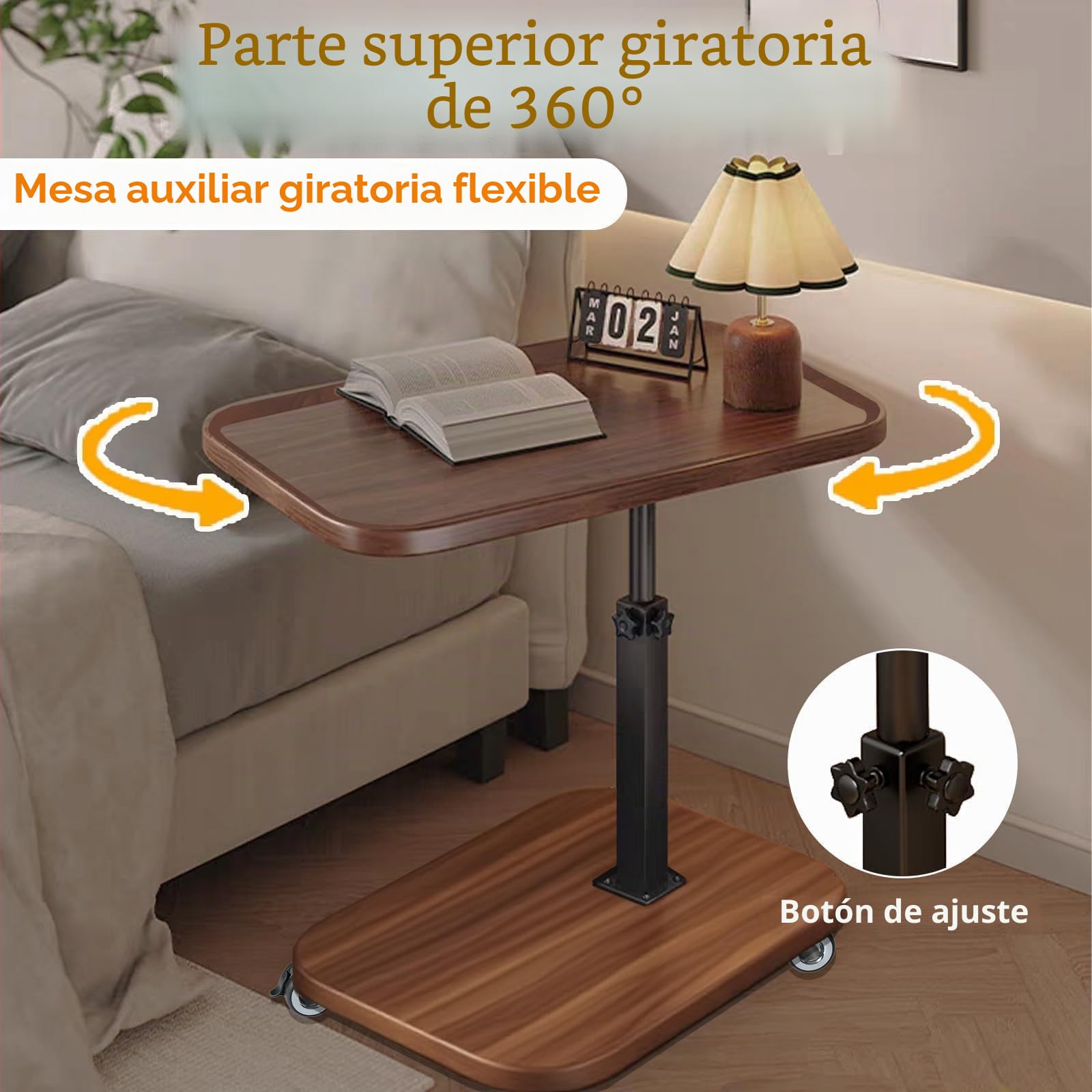 Mesa Auxiliar en Forma de C de Madera, Mesa de sofá giratoria 360°, Altura Ajustable Mesa Auxiliar con Ruedas (45cm-80cm), Auxiliar Sofa para Salones,ara Dormitorio O Oficina
