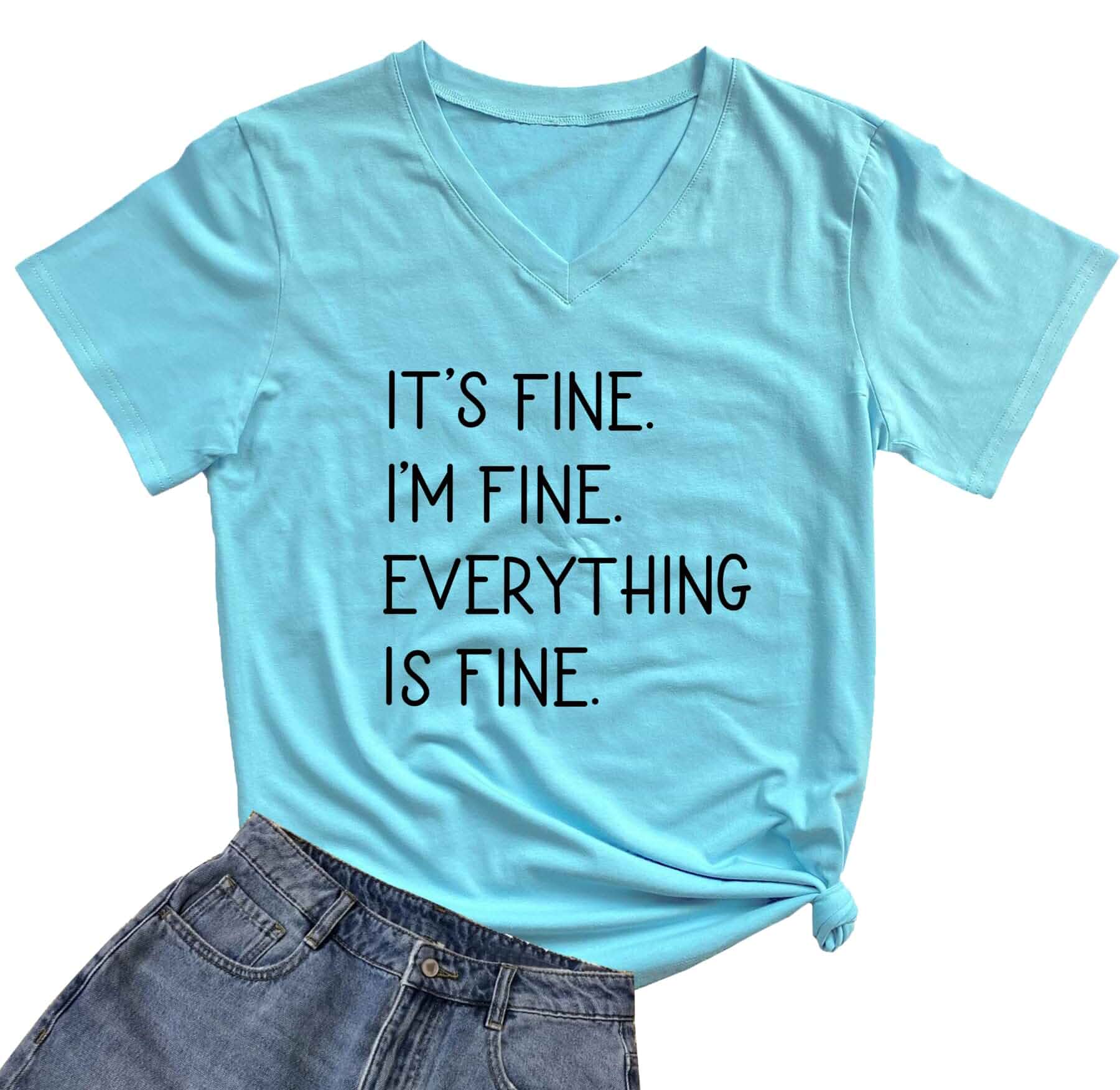 DANVOUY Women's V-Neck Its Fine Im Fine Funny Letter Print T-Shirt Graphic Short Sleeve Top Short Sleeve