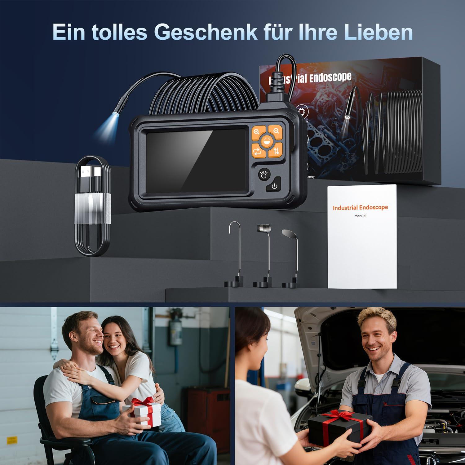 SKYBASIC Industrie-Endoskop, 4,3-Zoll IPS Digitales Endoskopkamera,1080P HD Kamera mit 8 LED-Lichtern, IP67 wasserdichtes Schlangenkamera, Inspektionskamera für Rohre, Autos, Wände, Bohrungen –20M