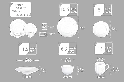 Miniatura 3 de HomeVss Juego de vajilla French Countryside de 20 piezas moteado y blanco antiguo