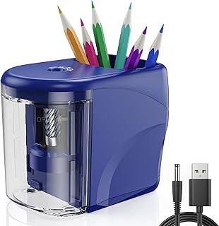 Electric Pencil Sharpener Heavy-Duty Helical Blade Sharpener USB/Battery Operated for No.2/ (6-8mm) Pencils with Auto Stop & Cleaning Brush in School/Classroom/Office (Blue no Adapter)