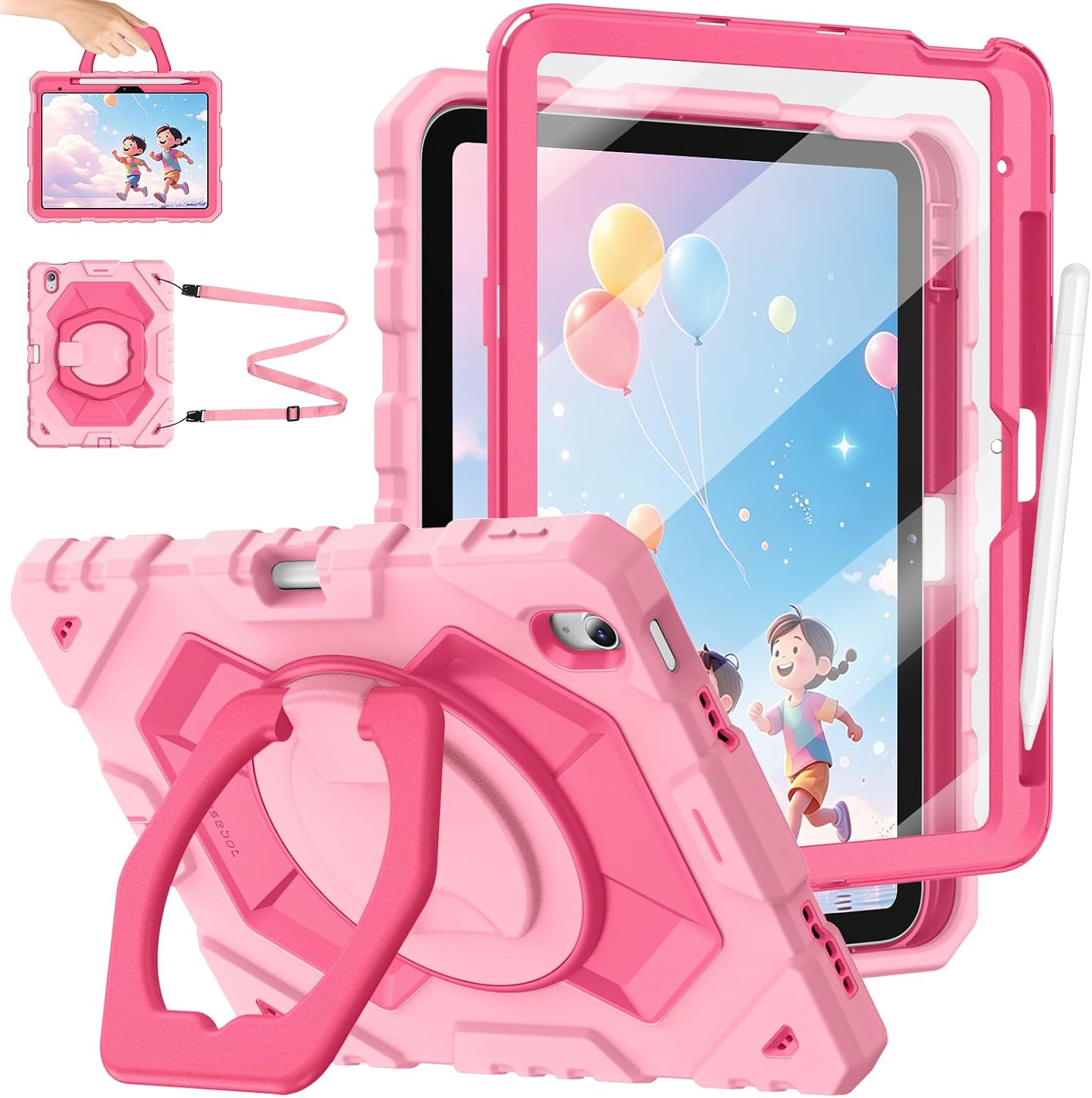 Fintie Kid-Friendly Case for iPad (A16) 11th Gen 11-inch, iPad 10th Gen | for iPad 10th Generation 10.9", Rotating Stand, Heavy Duty Shockproof Cover with Screen Protector & Shoulder Strap, Pink