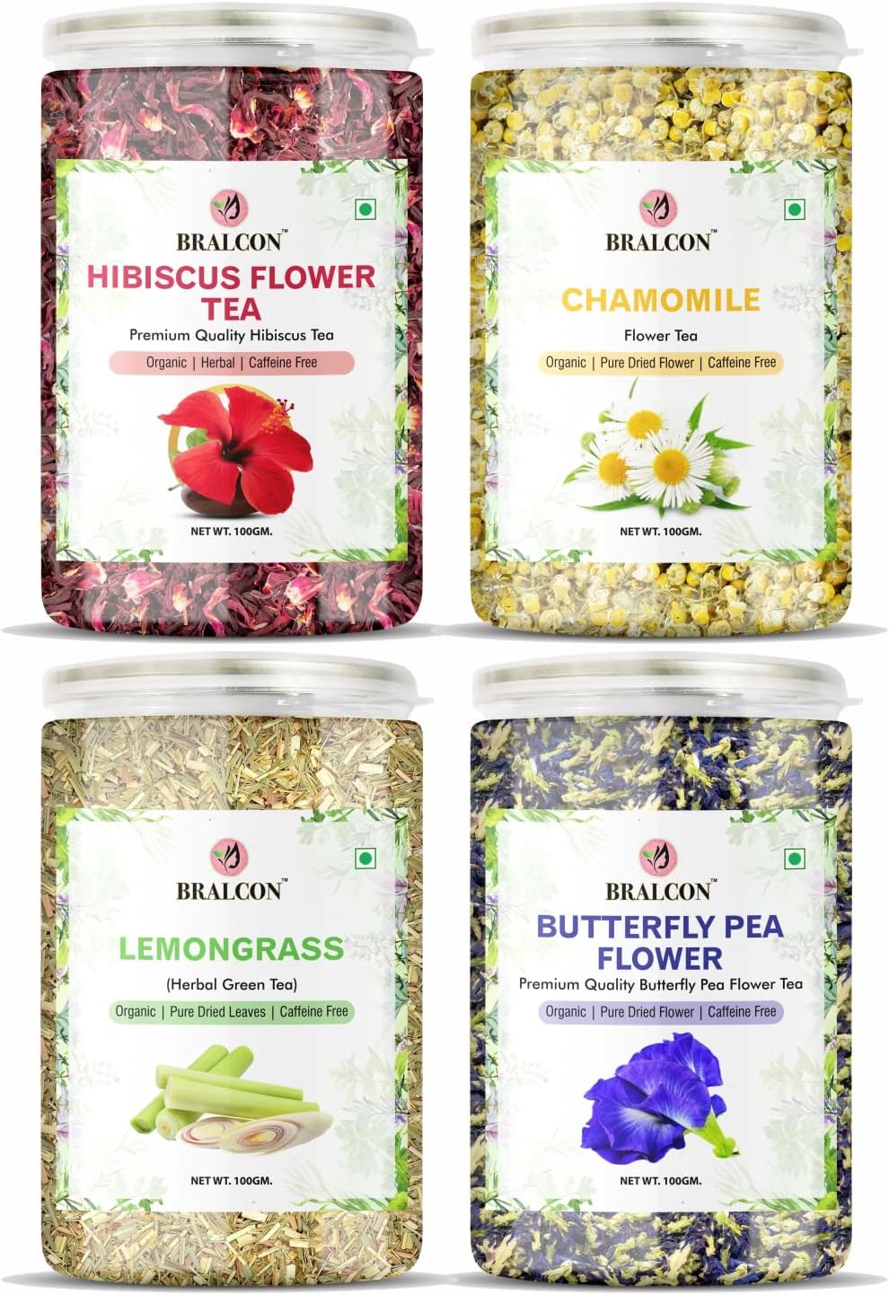 BRALCON Hibiscus Flower Tea, Butterfly Pea, Chamomile, Lemongrass - 400G (100G x 4 Pack) Herbal Combo Pack - Caffeine Free in Separate Packaging