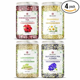 BRALCON Hibiscus Flower Tea,Butterfly Pea Flower Tea,Chamomile Flower Tea,Lemongrass Tea-400G(100G X 4 Pack)|Organic Herbal Tea Combo Pack-Caffeine Free In Seperate Packaging, 400 Gm - image, photos