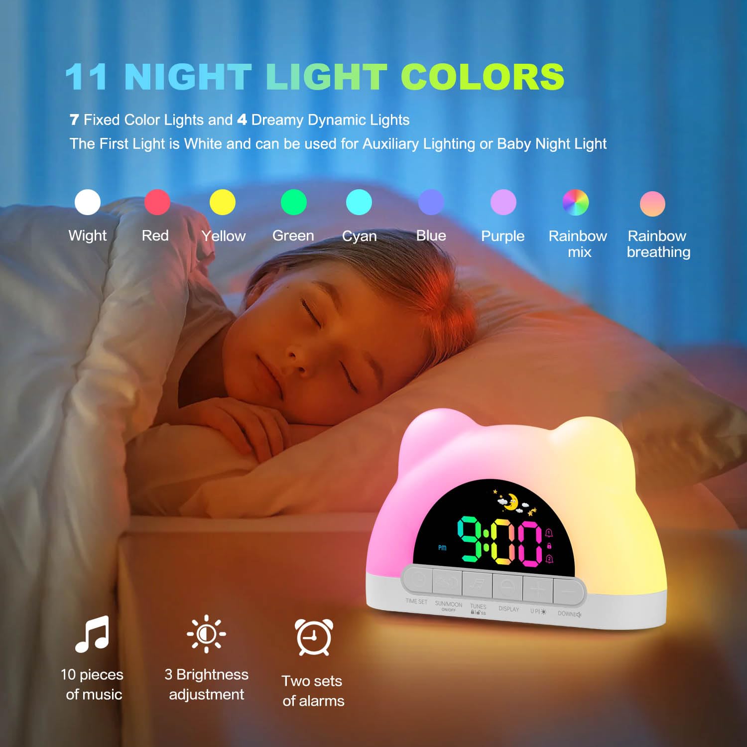 Azyh Sveglia per Bambini, Sveglia Digitale con Luce Notturna a 11 RGB Colori, Regali per Ragazzi e Ragazze, Macchina del Suono del Sonno,Orologio per Comodino, Regalo, Snooze, 2 Allarmi, Cavo USB