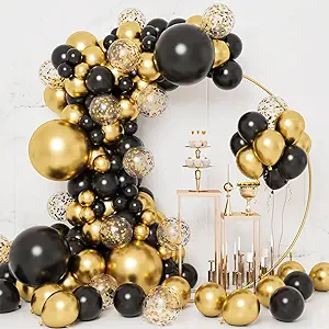 RUBFAC 130pcs Black and Gold Balloons, Black Metal Gold and Metallic Confetti Gold Balloons for 2025 Graduation Class Decorations Retiremen Party Baby Shower Wedding Birthday Anniversary