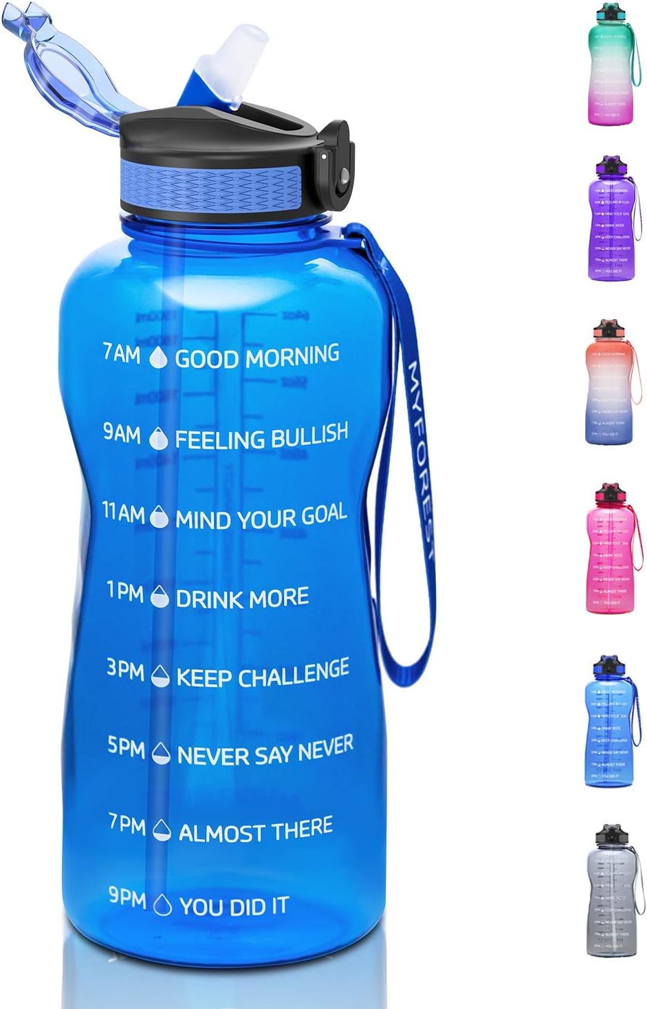 MYFOREST Sports Water Bottle Liter, Large Spout for Large Sip/Removable Straw for Small Sip, Time Marker for Motivational Hydration, BPA Free