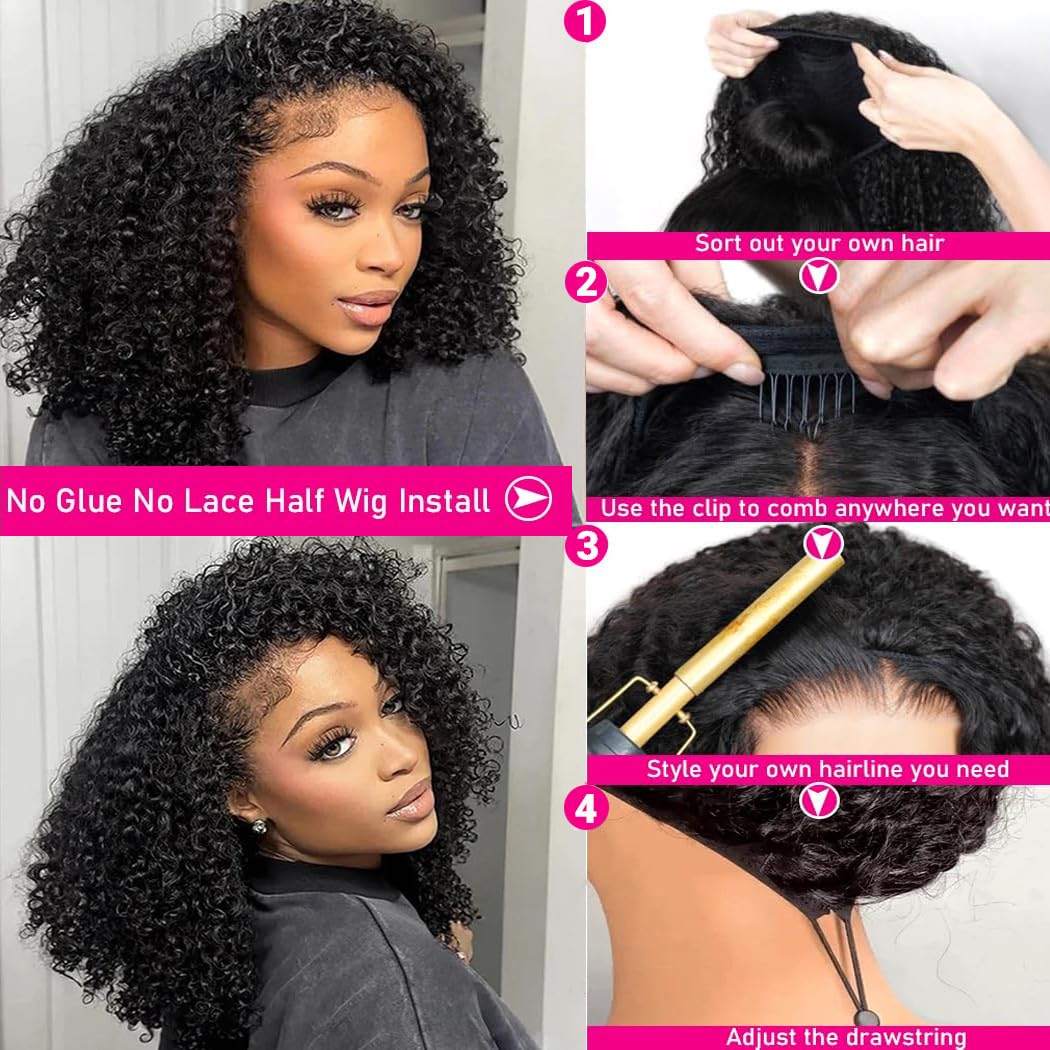 Kinky Curly Half Wig Human Hair 200 Density Glueless Wigs Upgrade 3 IN 1 Half Wig With Drawstring Seamless Clip Ins Flip Over Half Wigs Glueless Headband Wig Beginner Friendly Natural Color 18Inch