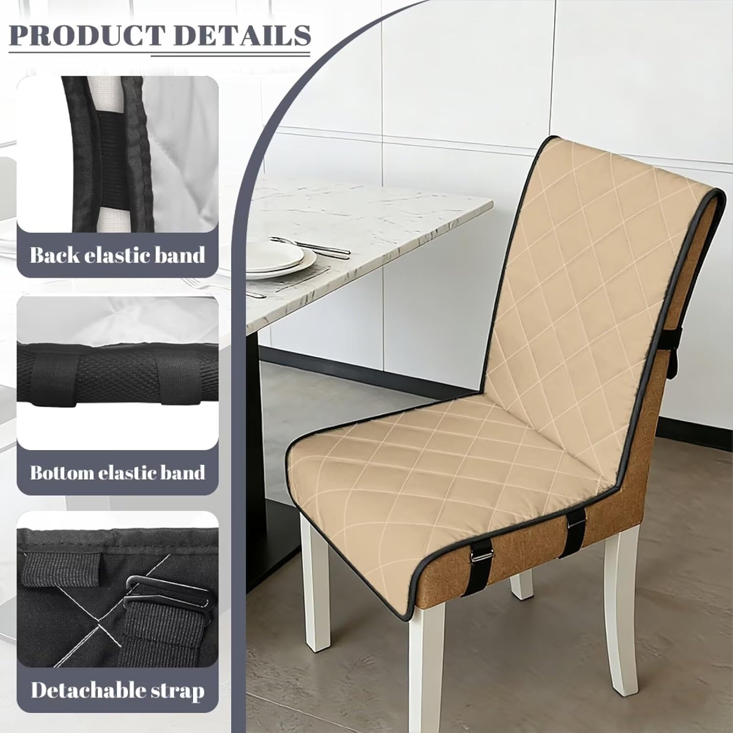 Brown Quilted Dinner Chair Covers Minimalist Style Dining Seat Protectors Elastic Bands & Straps Slipcovers for Secure Fit on Parsons Chairs Set of 4