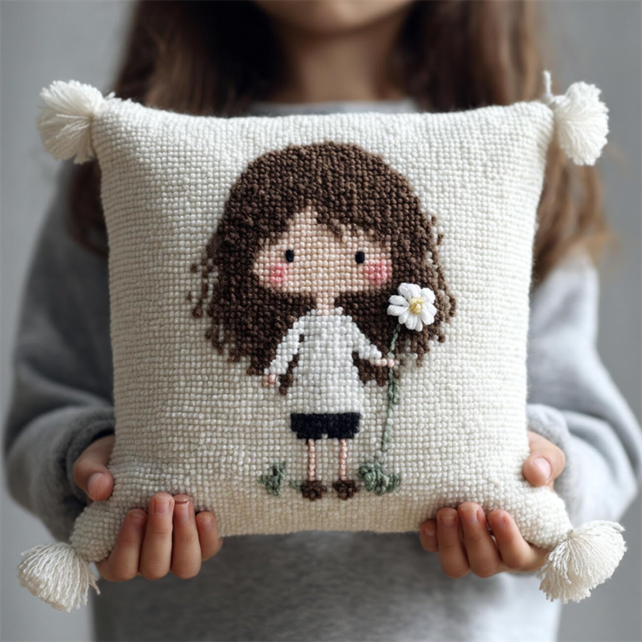 Henypt 9CT Cross Stitch Cushion Kit Cartoon Girl DIY Cushion Embroidery Kit Needlepoint Handmade Needlework Cushions Kits Stitched Pillow Cover Set for Adults Beginners 45x45cm