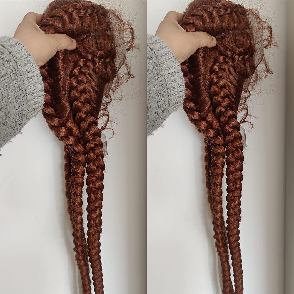 xiweiya Caramel Color Braids 100% Hand-Braided Red Brown 4xTwist Braiding Wigs 360 Swiss Lace Front Double Dutch Braided Wigs for Women 4xTwisted Braids Wig 35inch