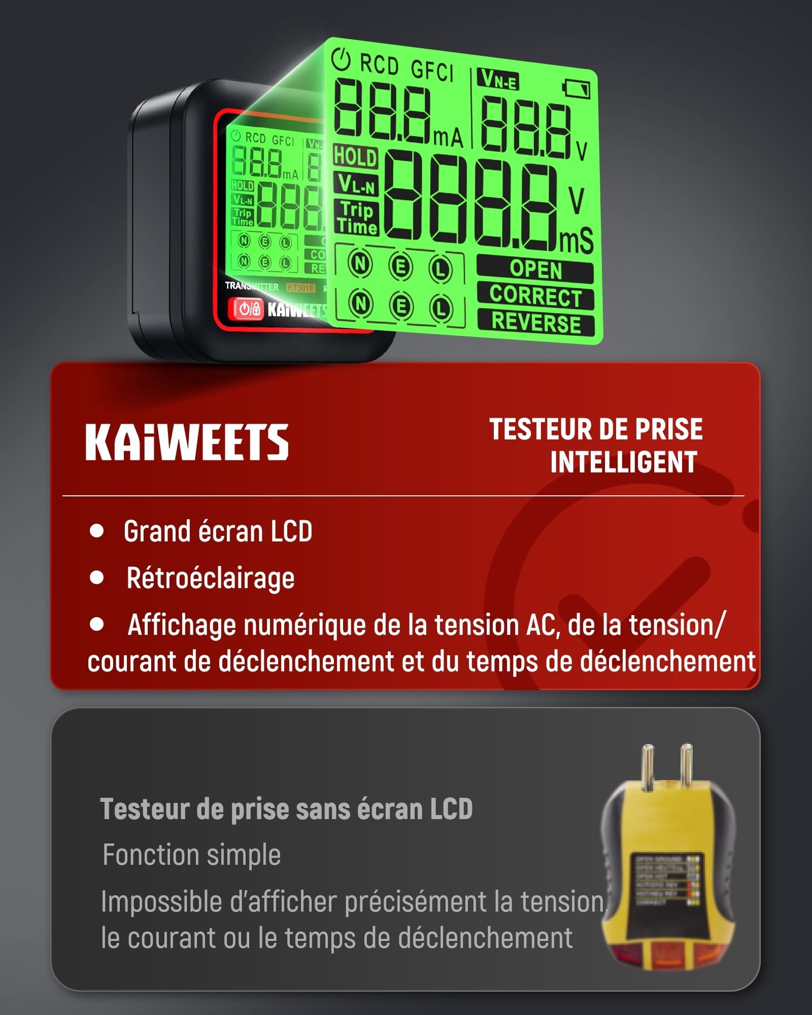 KAIWEETS Localisateur de Disjoncteurs avec Écran LCD 2,2", Testeur de Prise avec Test RCD, Détection de Tension NCV et Lampe Torche LED pour Électriciens et Particuliers