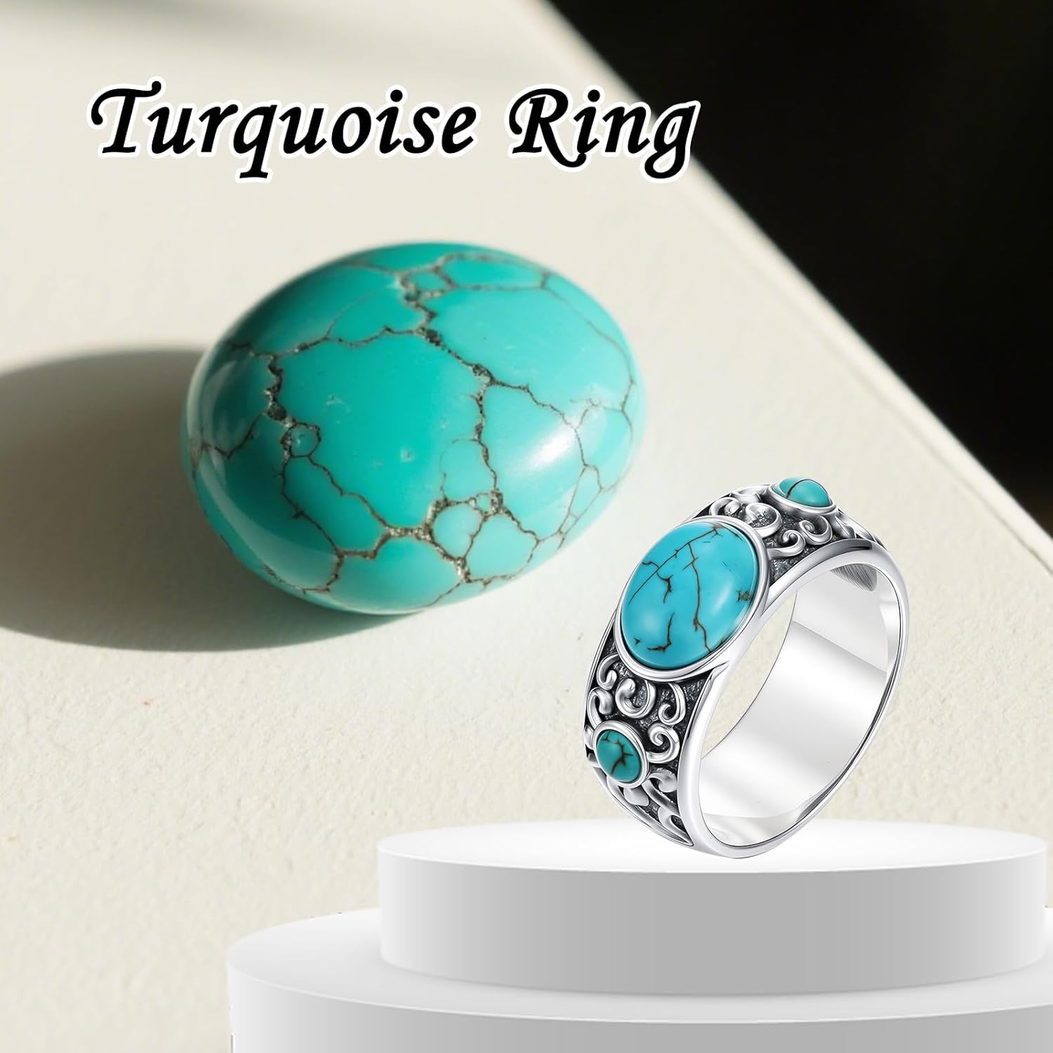 Real Turquoise Rings 925 Sterling Silver 3 Stone Wide Turquoise Gemstone Ring Jewelry Gifts for Women Size 5 to 11 - Image 6