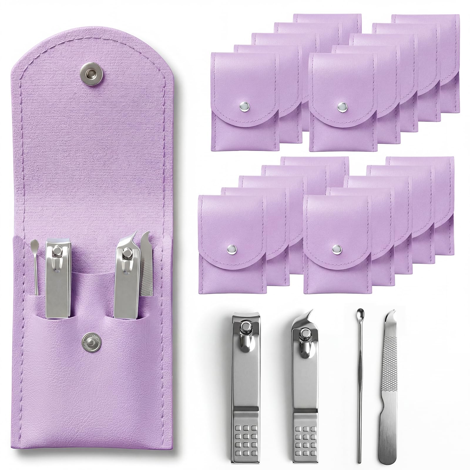 Kit de cortaúñas morado de 20 piezas. Juegos de manicura profesional con cortaúñas a granel. Cortaúñas de acero inoxidable a granel. Kit de uñas portátil de tamaño de viaje para salones