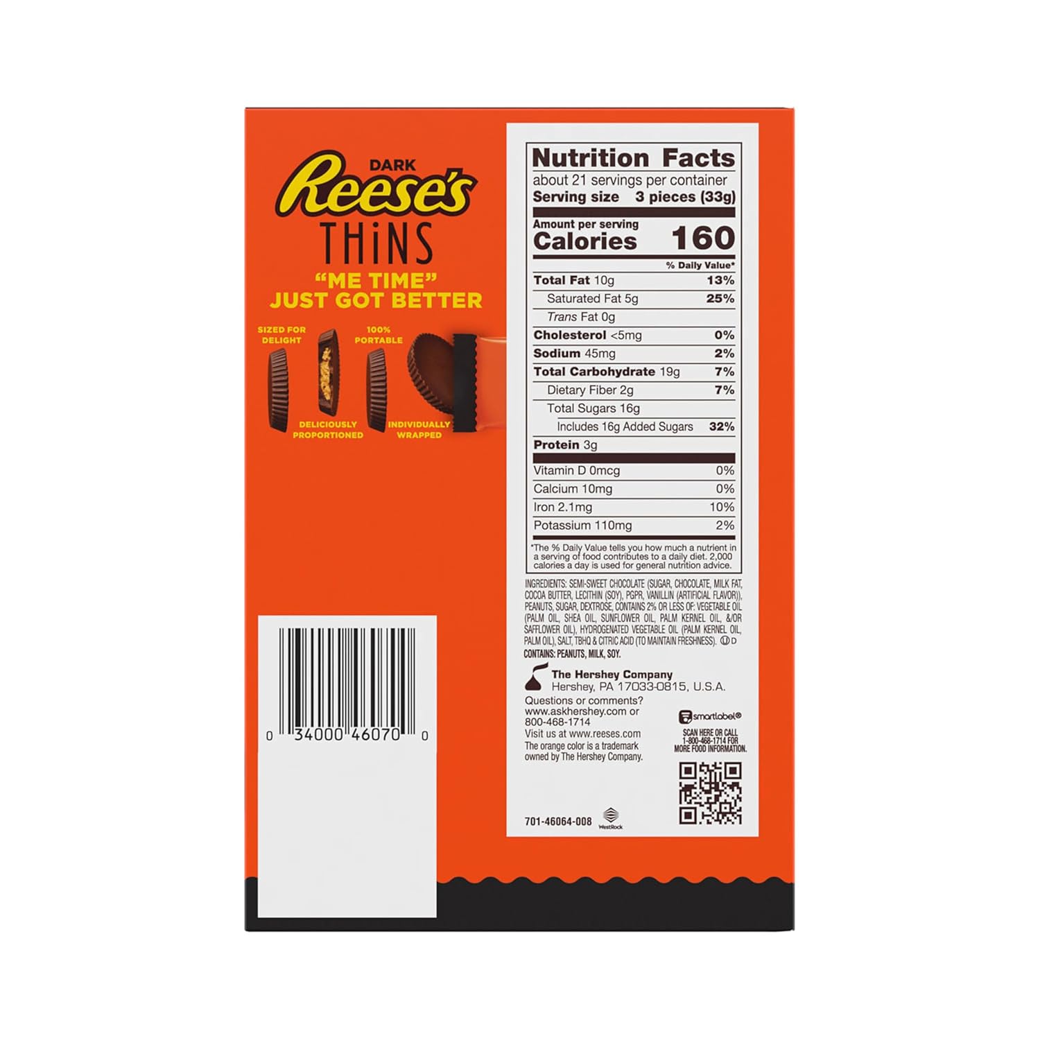REESE'S THiNS Dark Chocolate Peanut Butter Cups, Candy Packs, 3.1 oz (8 Count)