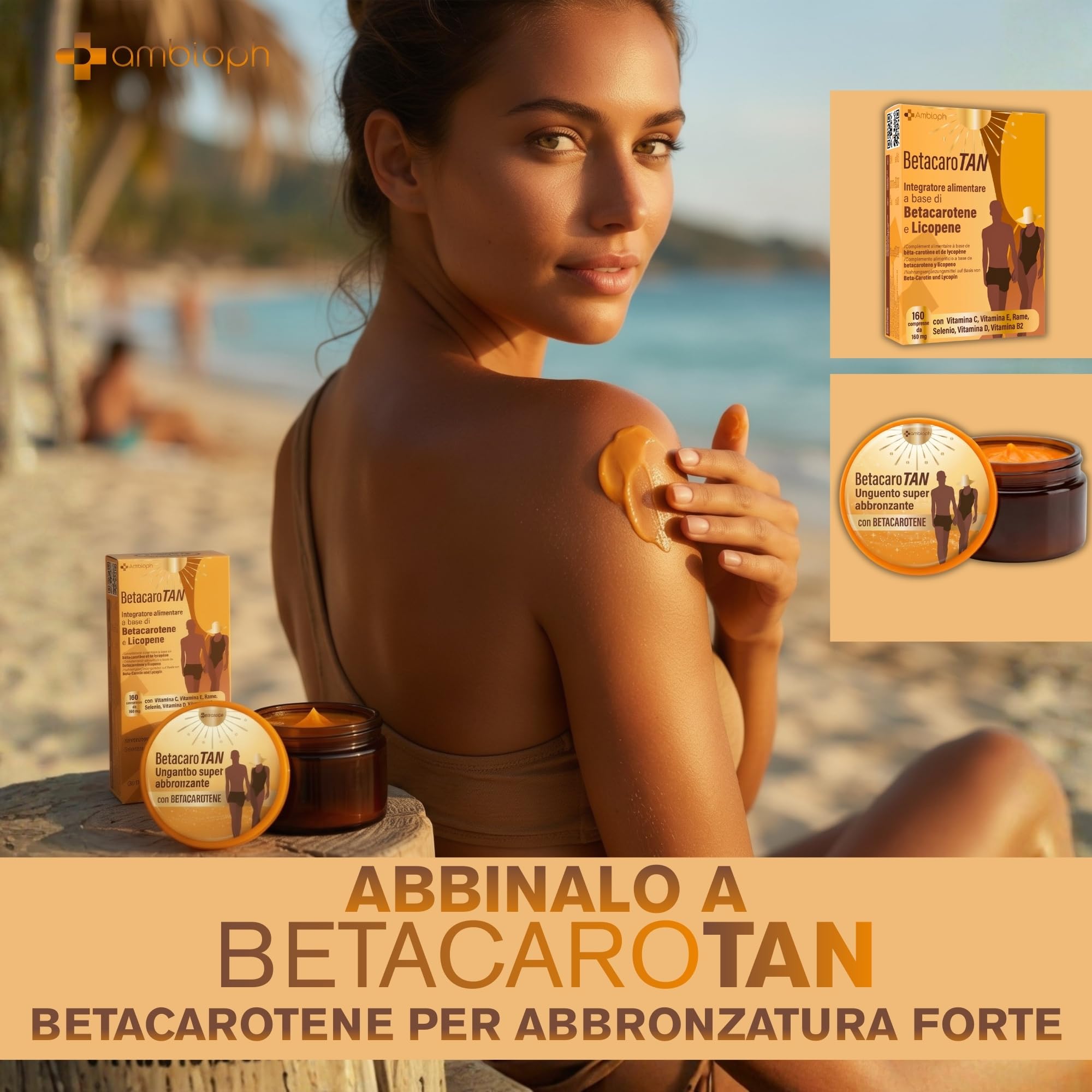 CREMA ABBRONZANTE CORPO Accelleratore abbronzatura con Betacarotene per abbronzatura forte, con Vitamina E Olio di Ricino e Olio di Mandorle Dolci. Attivatore Abbronzatura, Ambioph