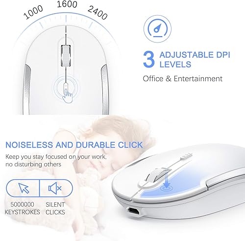 Miniatura 5 de Vssoplor - Teclado y mouse inalámbricos, 2.4 GHz, recargable, compacto, silencioso, de tamaño completo, combo con receptor Nano USB para Windows,