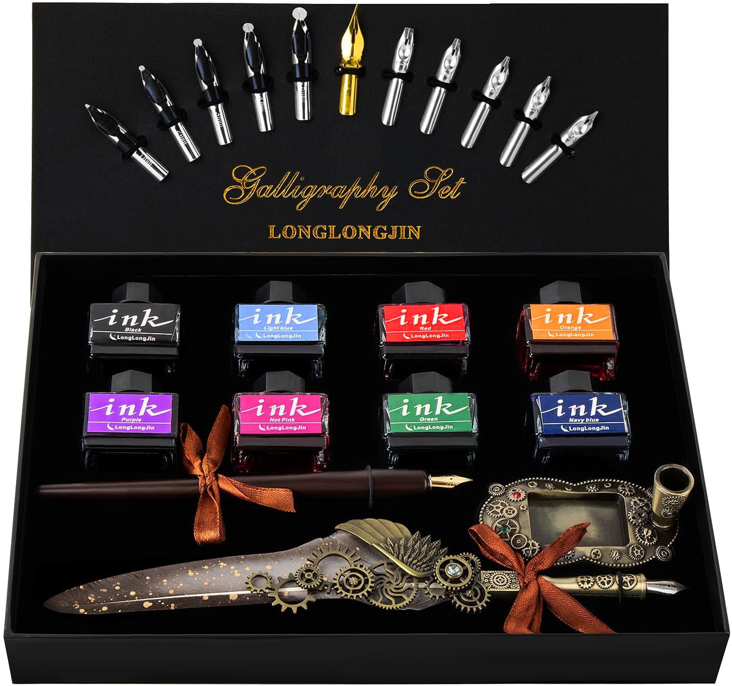 Kalligraphie-Stift-Set mit Feder und Tinte in 8 Farben, Feder und Holz-Tauchstift, 11 Federn (grau)