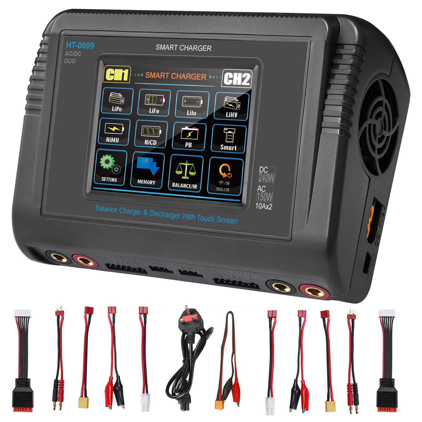 Haisito LiPo Charger, Touch Screen Dual Balance Charger Discharger AC 150W DC 240W 10A for Li-ion Life NiCd NiMH LiHV PB Smart Battery