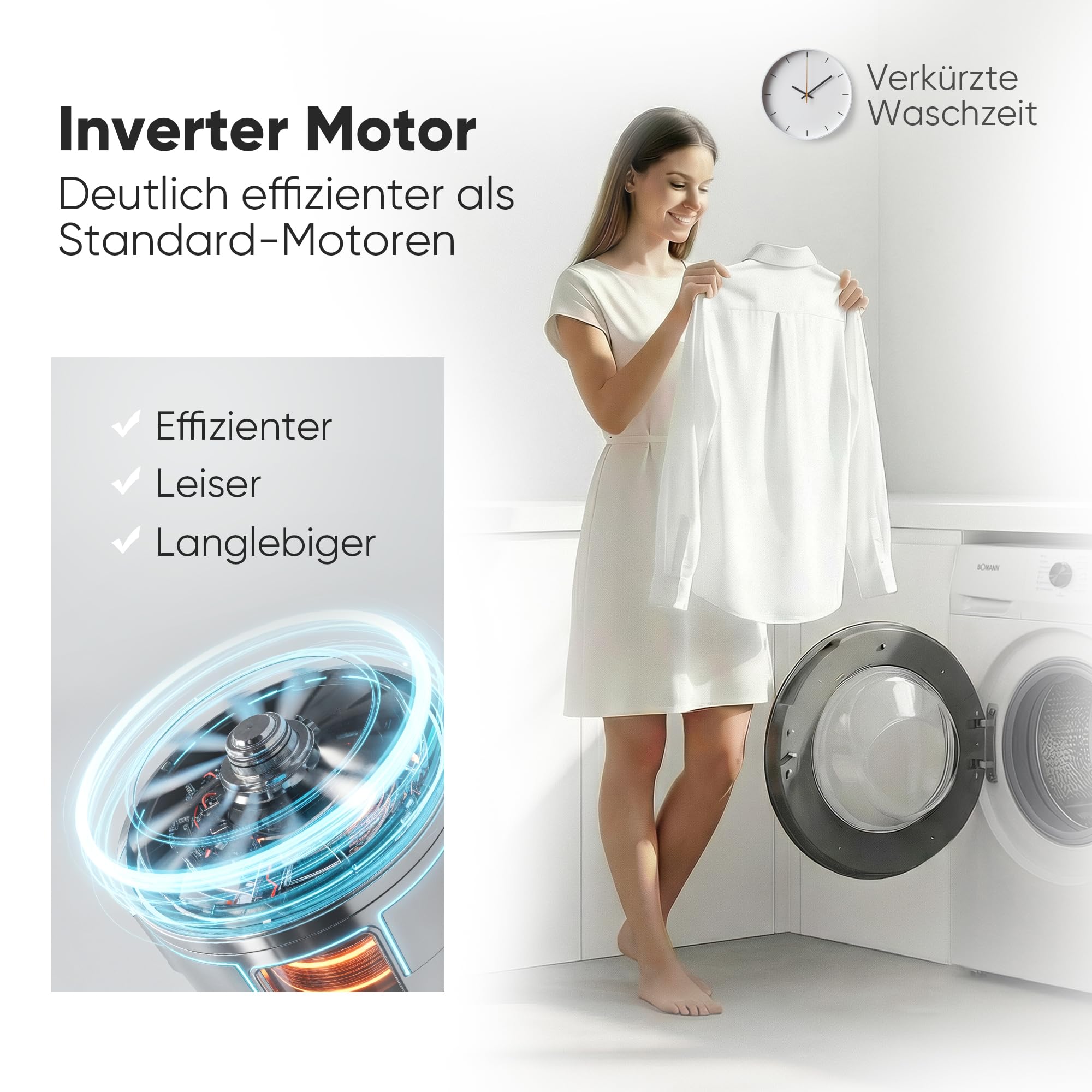 Bomann® Waschmaschine 7kg | 10 Jahre Motor-Garantie | Invertermotor - effizient, leise & langlebig | inkl. Aqua-Stop | max. 1400 U/min | 15 Programme | LED-Display | Washing Machine | WA 7501 weiß
