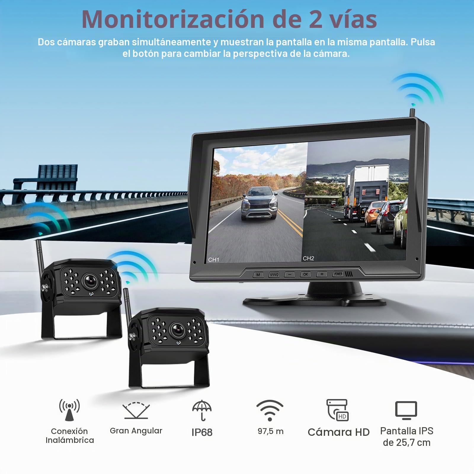 Hikity Cámara Marcha Atrás Inalámbrica Pantalla IPS 10,1" 2 Cámaras