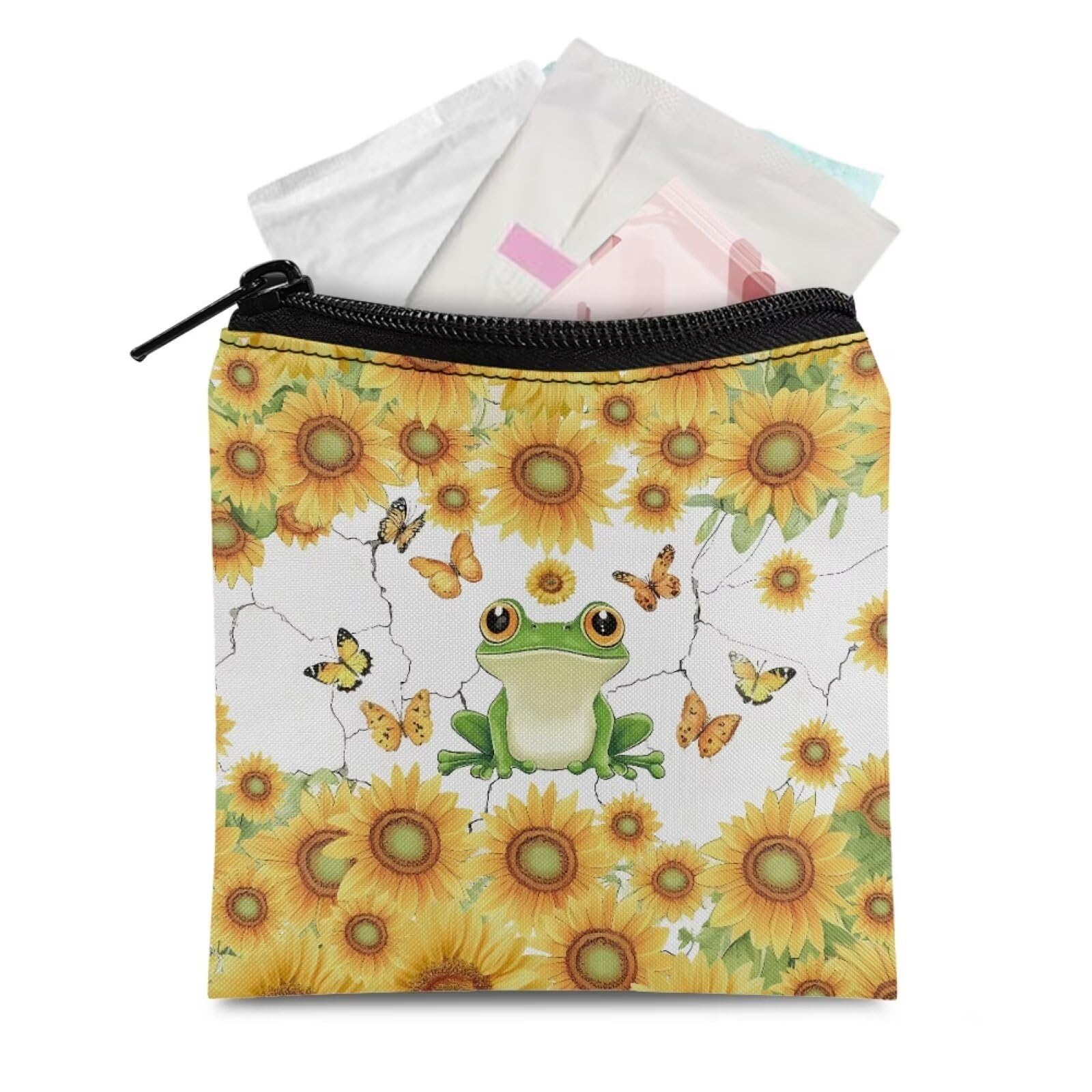 Sunflower Frog Period Bag Cute Sanitary Napkin Storage Bag Small Pad Bags for Period for Purse Menstrual Tampon