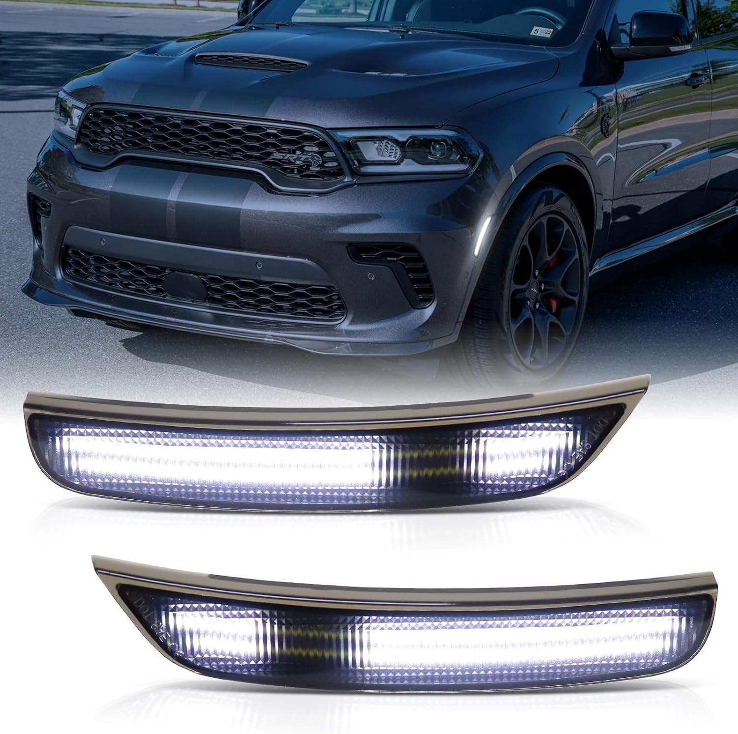 Dynamic White LED Side Marker Lights for Dodge Durango 2021 2022 2023 2024 2025 Front Bumper Fender 2-Row Sequential Turn Signal Lamp Assembly Smoked Lens 2PCS