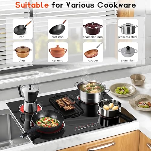 Miniatura 7 de Estufa eléctrica de 30 pulgadas, 5 quemadores, estufa eléctrica de 8400 W de 30 pulgadas, estufa de cerámica integrada con control táctil,