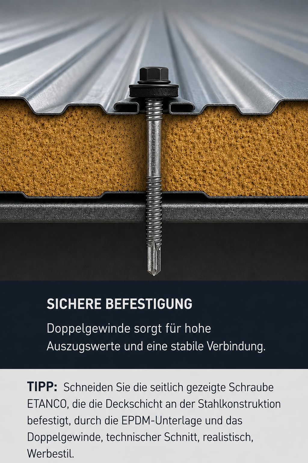 ETANCO GTR 12 SP A19 5,5/6,3 x 200 mm Tornillo de doble rosca autoperforante para paneles sándwich sobre acero RAL 9005, negro profundo, arandela de sellado EPDM ETA CE SW8, 100 unidades