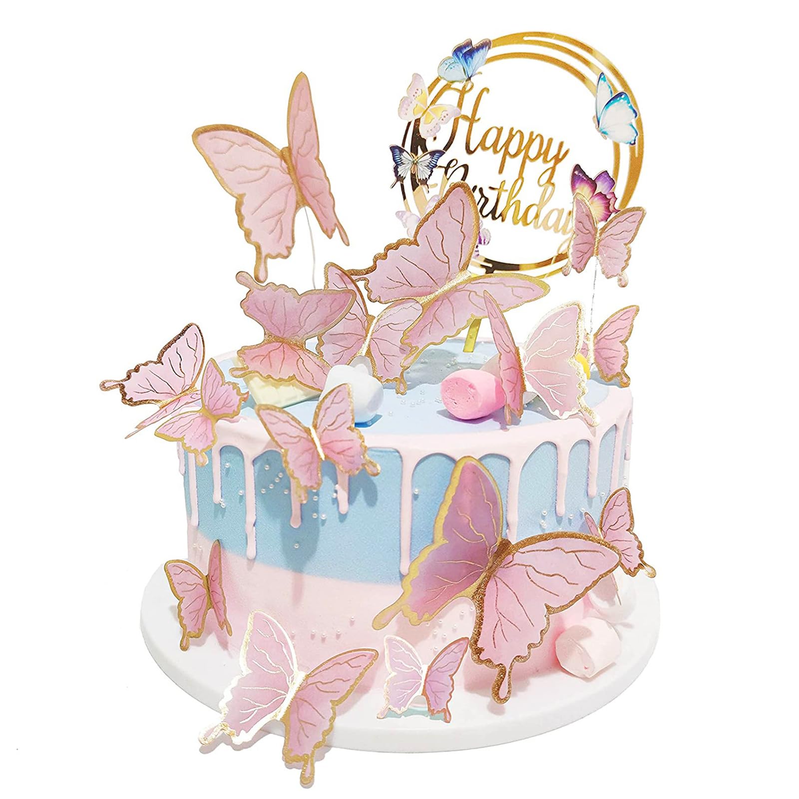 Butterfly Cake Toppers 16PCS - Happy Birthday & Wedding Cake Decorations (Pink)