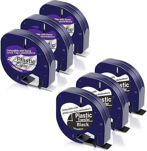 6 cintas de repuesto para rotuladoras Dymo Letratag transparentes de 0.472 in x 13.1 ft, compatible con recambios para etiquetadoras Dymo, color