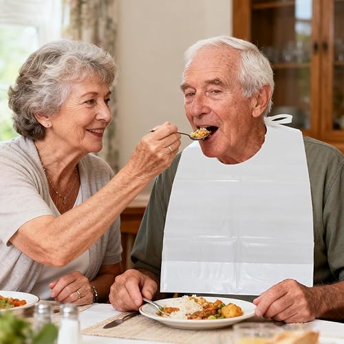 Miniatura 3 de 50 baberos desechables para adultos con recogedor de migas, protectores de plástico impermeables para ropa de comedor para ancianos, personas