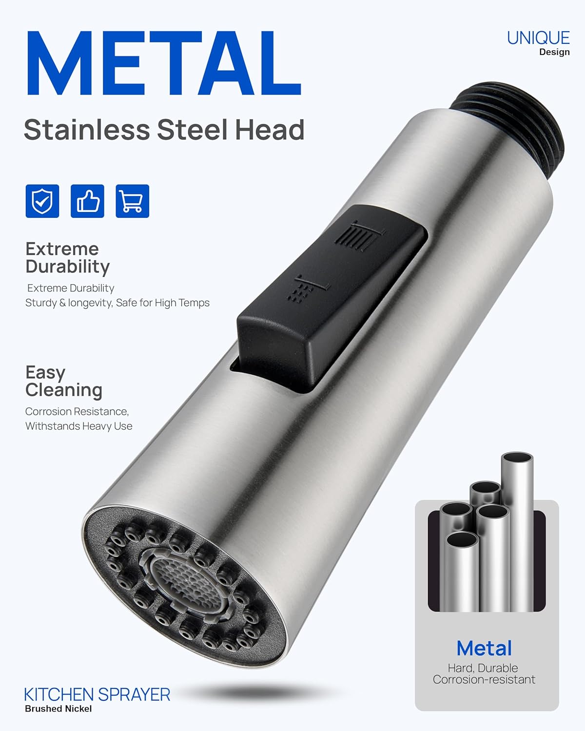 J-HVA Metal Kitchen Faucet Head Replacement - Pull Down Spray Head with 15 Adapters - 2 Modes Kitchen Faucet Sprayer Head Replacement, Sink Sprayer Replacement, Brushed Nickel, Stainless Steel