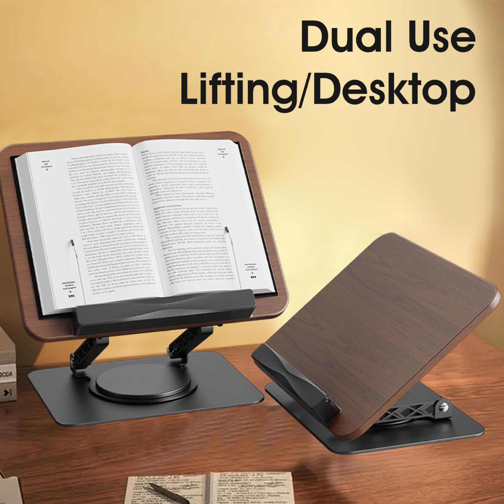 Support de livre pour la lecture, support de livre réglable pour la lecture, pliable avec bases rotatives à 360° et clips page élastiques, pour cuisine, tablette, magazine