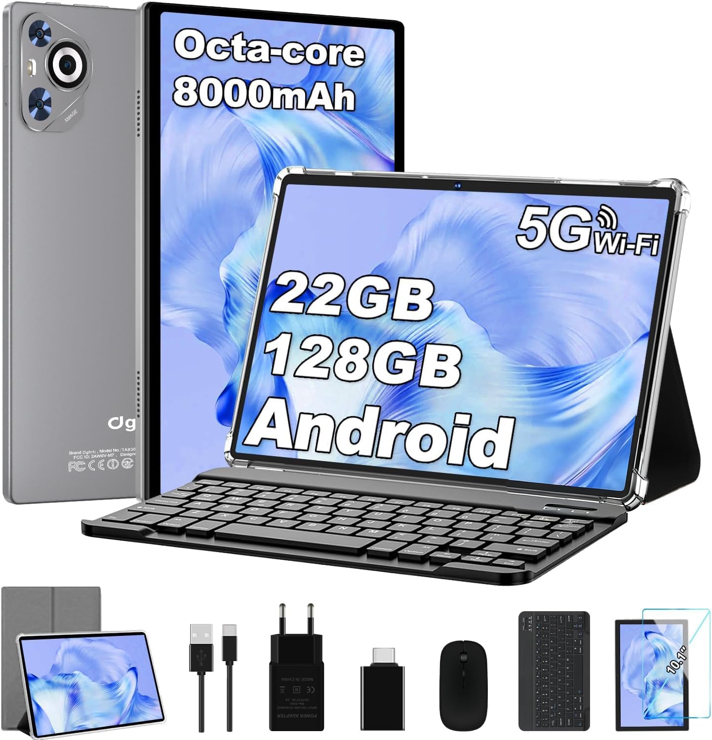 Tablet Android 10 Pollici 128GB ROM + 1TB TF, Gemini AI, Processore Octa-Core, FHD IPS, 8000mAh, 5G WiFi, BT5.0, Widevine L1, 5MP+8MP, Tablet con Tastiera, Mouse, Custodia Protettiva, Grigio