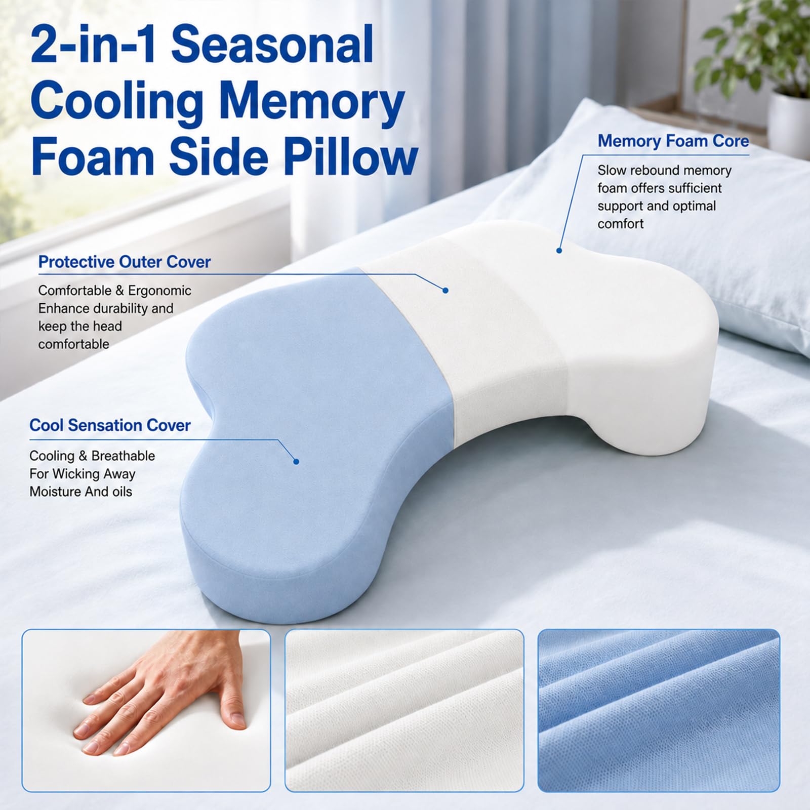 Almohada grande para dormir de lado, almohada ergonómica para dormir de lado con sisa, almohada ortopédica de espuma viscoelástica para cuello y hombros, almohada de seda de hielo, para espalda y