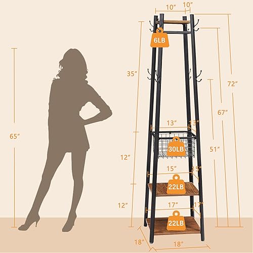 Miniatura 11 de VECELO Perchero independiente, árbol de pasillo con cesta de metal y estantes de almacenamiento, perchero industrial con 8 ganchos para colgar