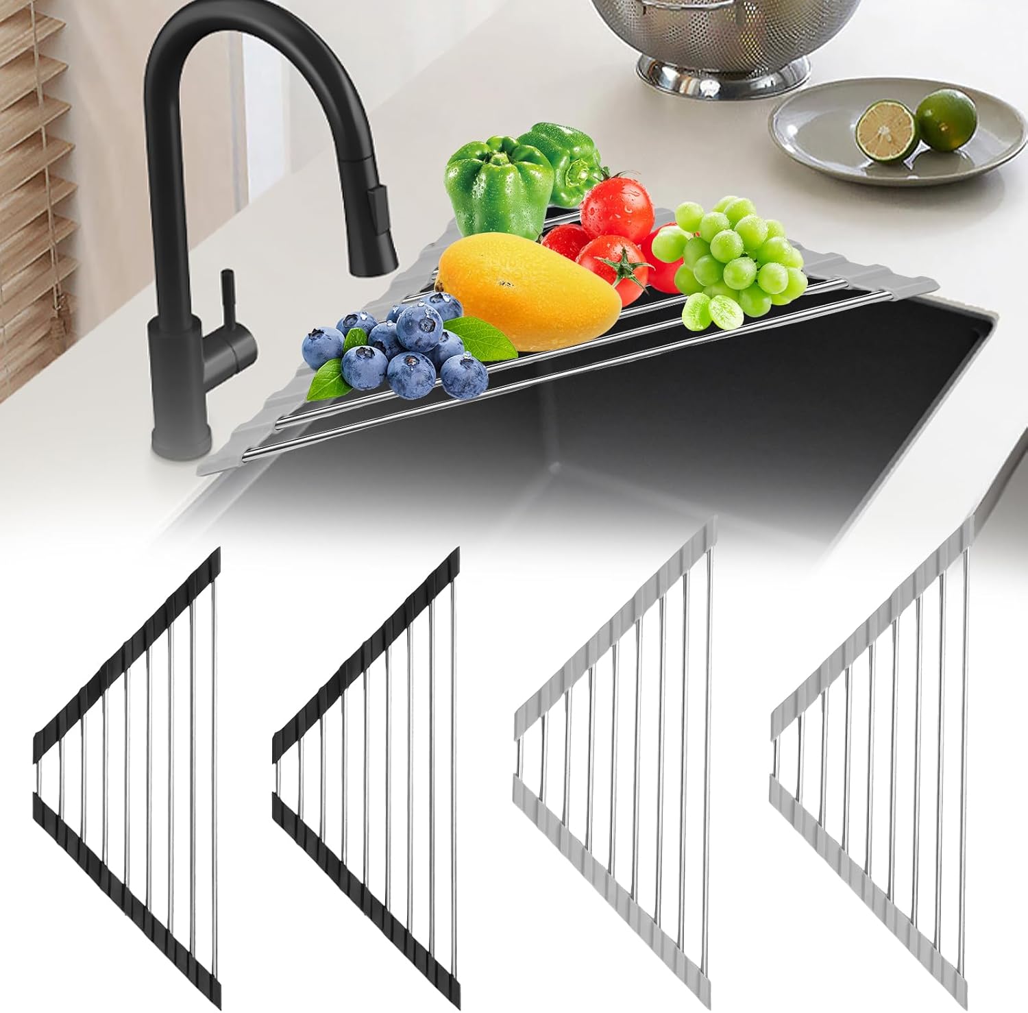 8Pcs Triangle Dish Drying Rack, Corner Stainless Steel Draining Rack, Foldable Over The Sink Corner Dish Drainer Mat, Space Saving Sink Corner Shelf for Kitchen Bathroom