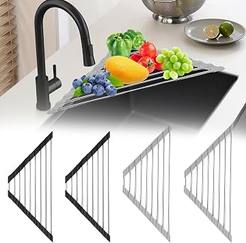 4Pcs Triangle Dish Drying Rack for Sink Corner, Stainless Steel Roll-Up Dish Drying Holder, Foldable Over The Sink Corner Dish Drainer Mat, Silver