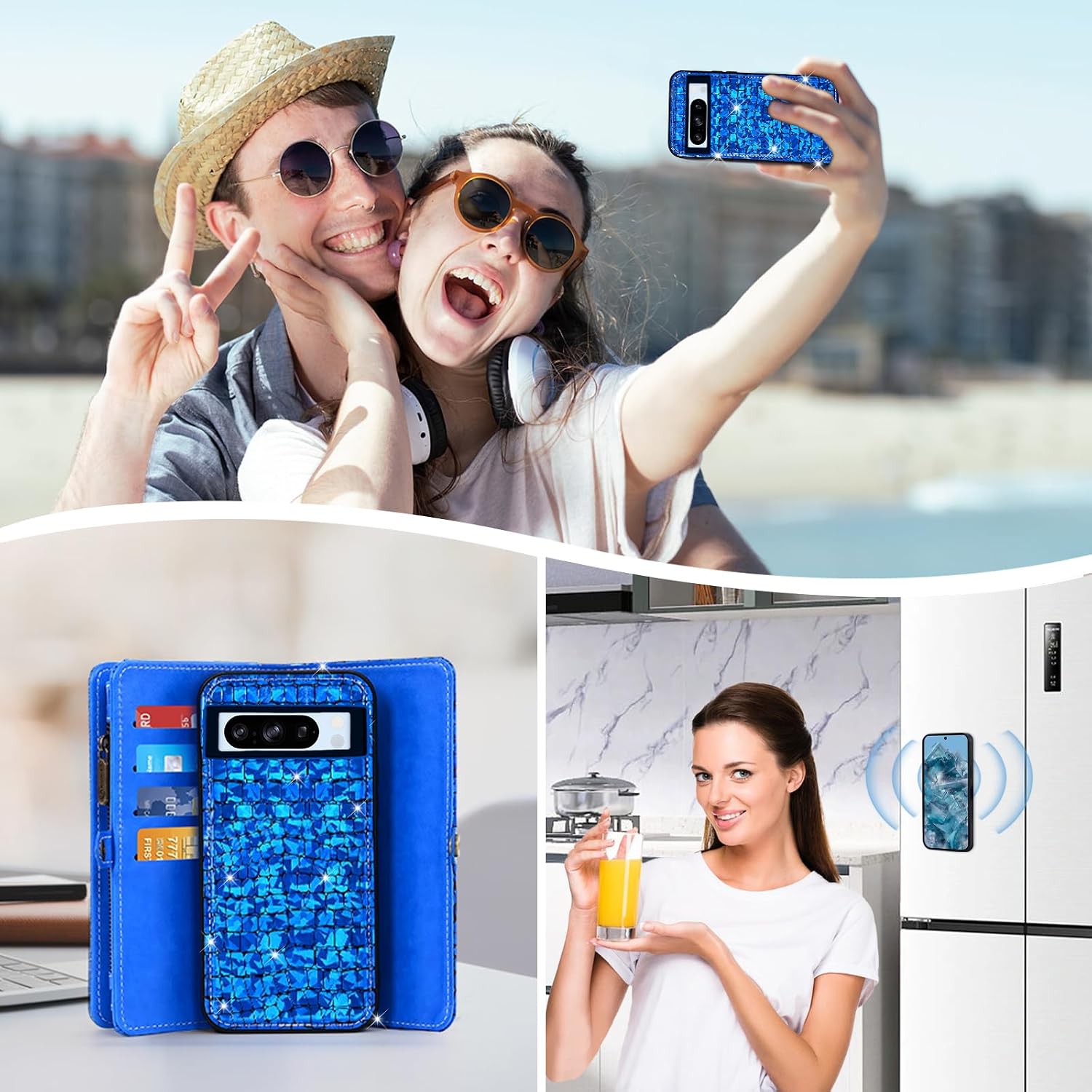 Asuwish Phone Case for Google Pixel 8 Pro 5G Zipper Wallet Detachable with Screen Protector Cover and Card Holder Slot Wrist Strap Purse Flip Folio Cell Pixel8Pro Pixel8 XL Eight 8Pro Women Men Blue