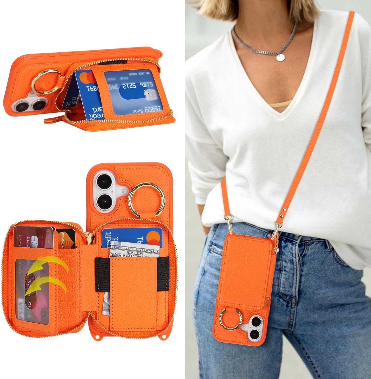 Crossbody Wallet Case for iPhone 17, PU Leather Zipper Handbag Purse Flip Cover, Kickstand Folio Case with Card Slots Holder Wrist Strap Lanyard 5G 6.3 Inch-Orange