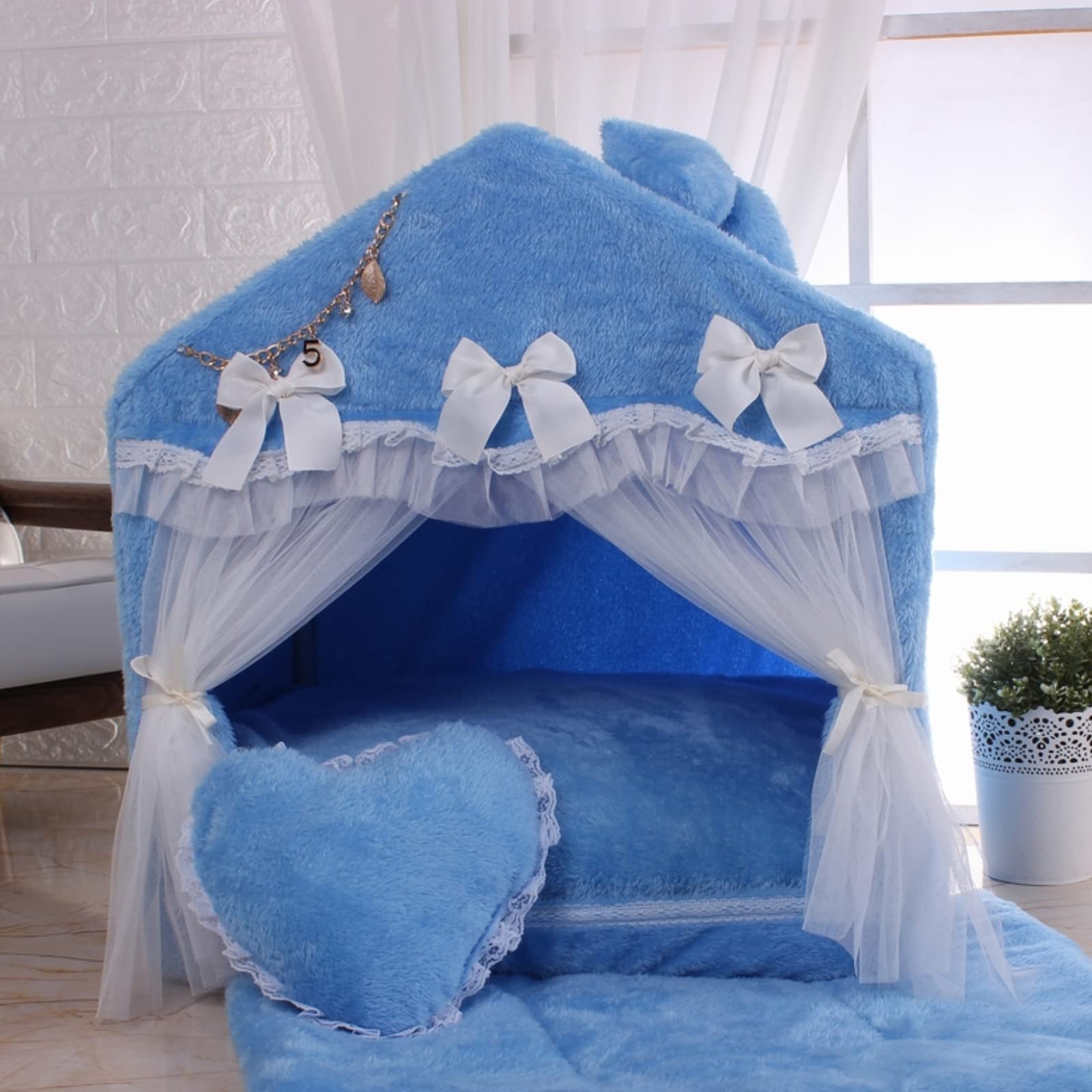 Pet Luxury Princess Pink Deluxe House for Dogs Cats Puppy Kitten Indoor Fluffy Winter Warm Cozy Kennel Nest Fleece Velvet (L: 27.6''Lx20.5''Wx28.3''Th, Navy Blue)