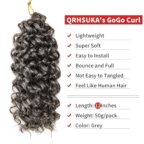 Miniatura 4 de GoGo - Extensiones de cabello rizado con ganchillo ondulado para mujer, color gris, sintético, bohemio, trenzado, ondulado profundo, extensiones de