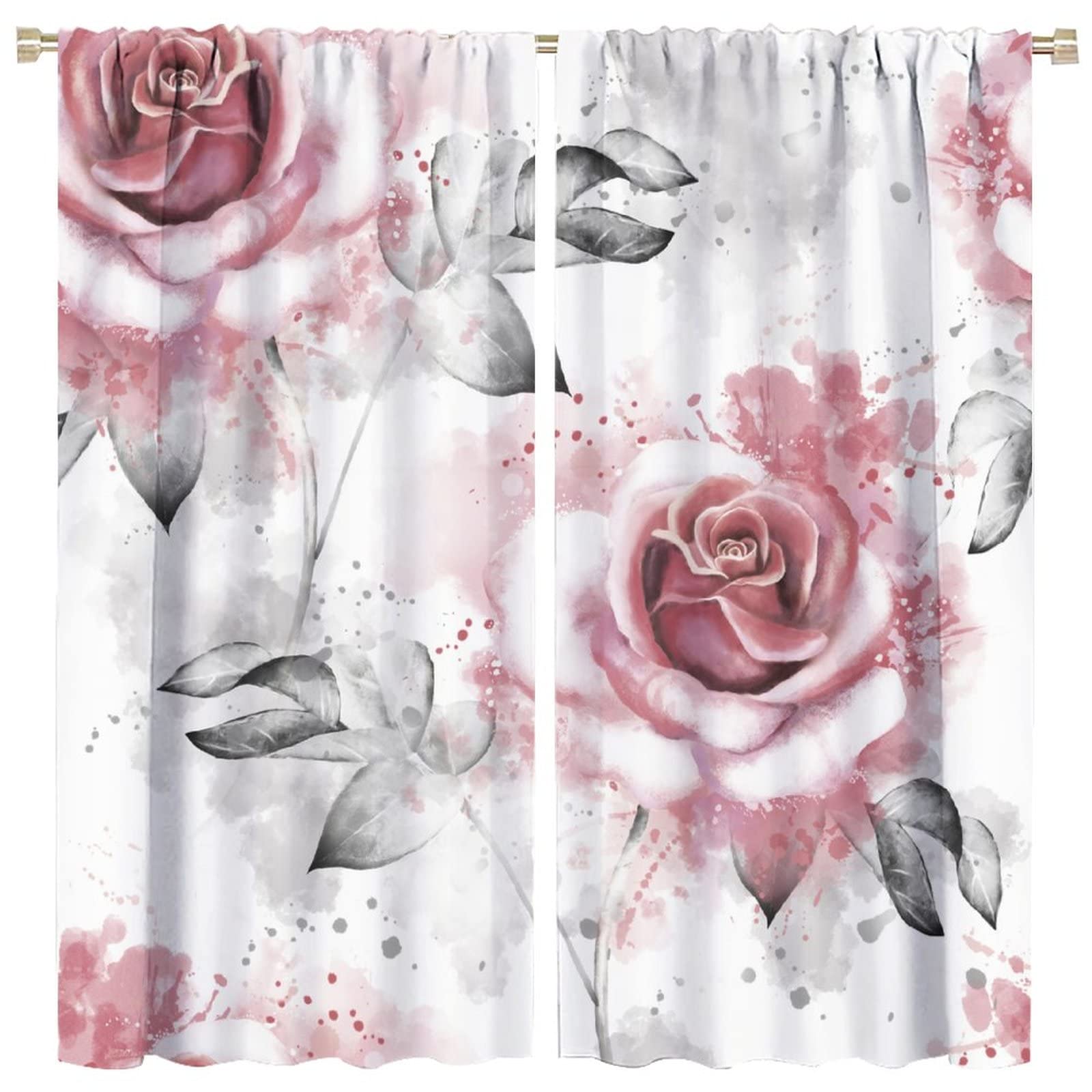 Rose Curtains Vintage Romantic Floral Pink Rose Gray Leaf White Living Room Bedroom Kitchen Rod Pocket Blackout Window Drapes 42x45in